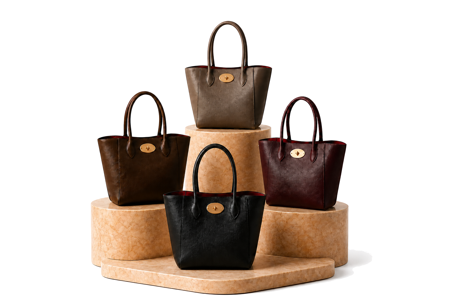Four ZYRA leather tote bags in black, brown, taupe, and burgundy displayed on warm stone plinths